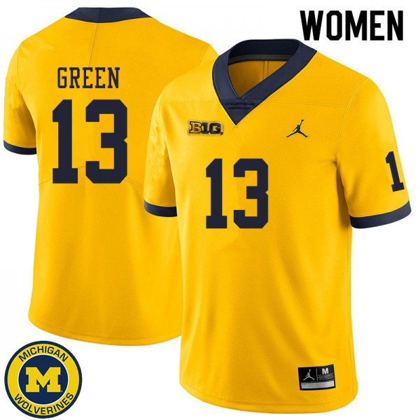 Women's Michigan Wolverines #13 German Green Yellow Player Jersey